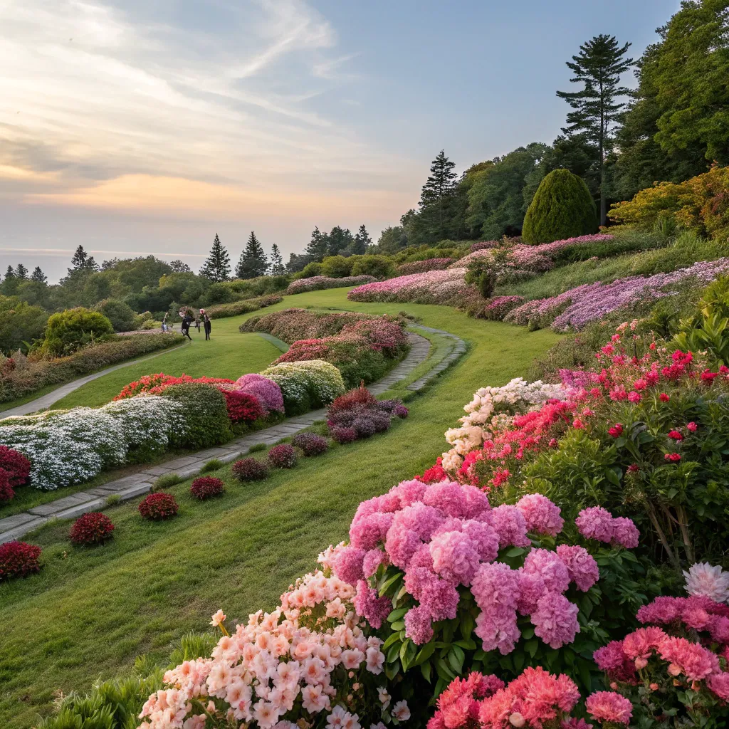 Beautifully designed landscape with blooming flowers